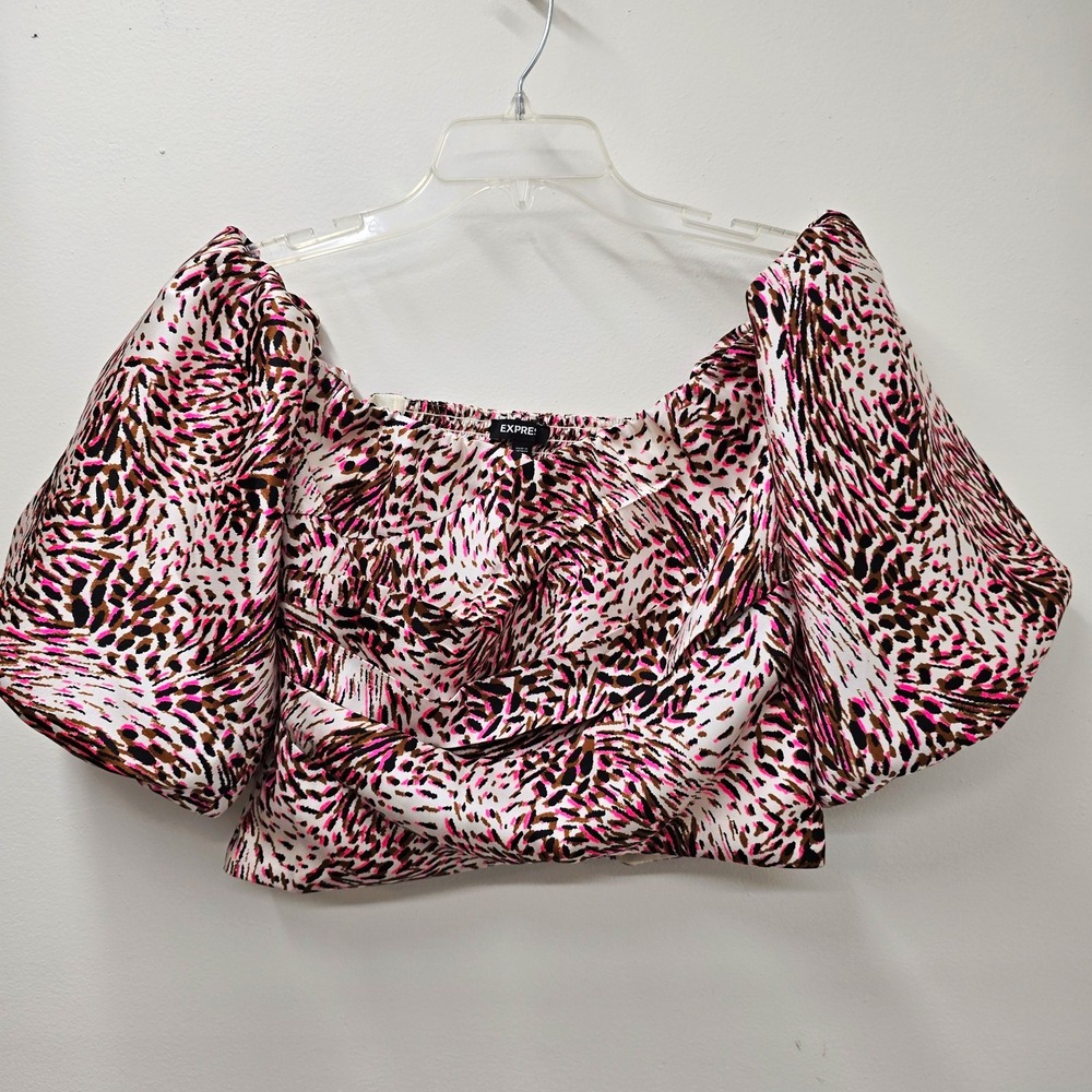 Express Womens M Animal Print Smocked Cropped Blouse Square Neck Puff Sleeve